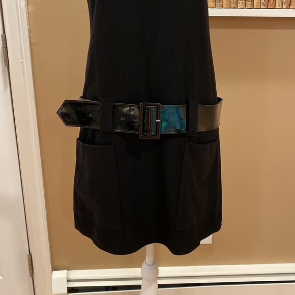 NWT. Love Wool Black Drop Waist Dress with Patent Belt & Front Pockets - Picture 10 of 16